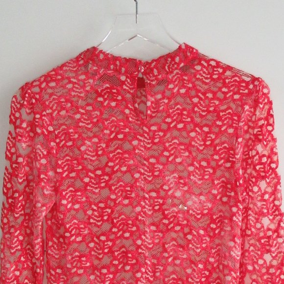 UMGEE Top Womens Small Red Floral Sheer Lace Long Flutter Sleeve Mock Neck NWT - Picture 3 of 12